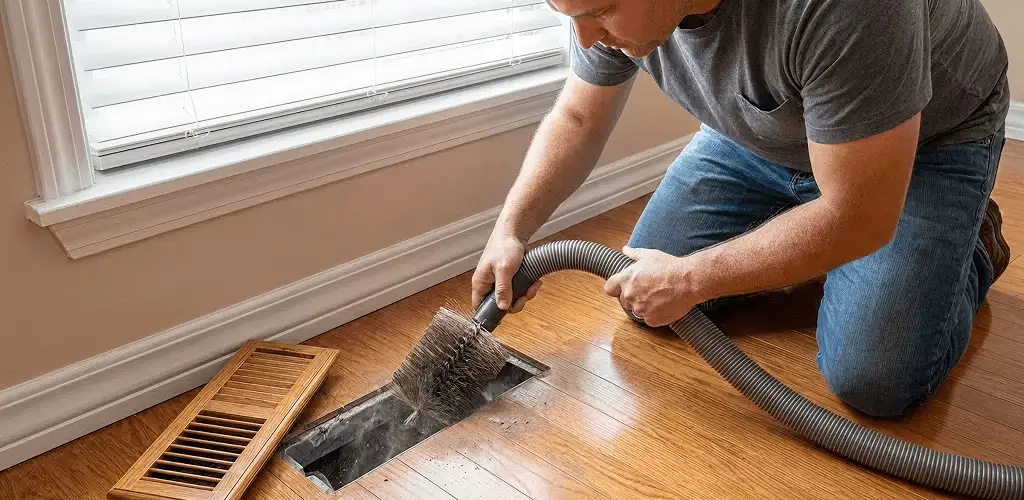 Air duct cleaning technician vacuuming a floor vent and duct opening in Jacksonville, FL