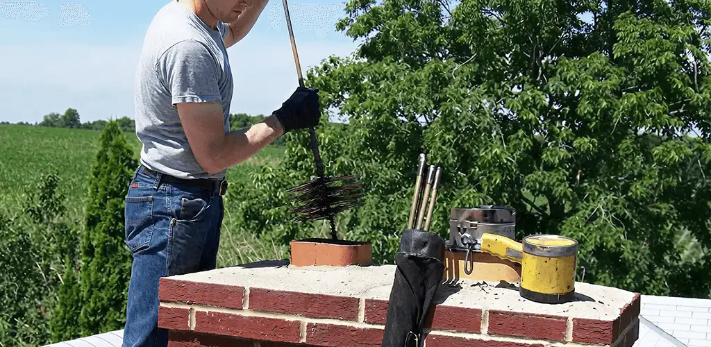 Chimney cleaning technician working on a rooftop chimney with professional tools in Jacksonville, FL