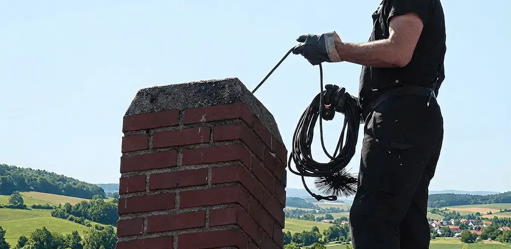 Chimney sweep inspecting and cleaning a rooftop chimney in Jacksonville, FL