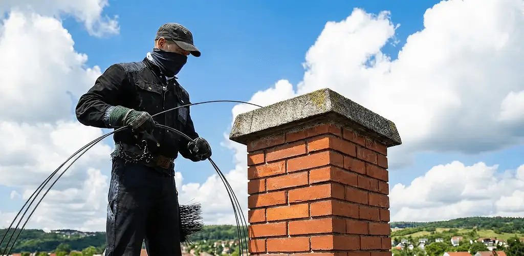 Chimney sweep cleaning a brick chimney with professional tools in Jacksonville, FL