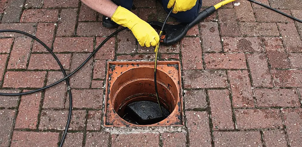 Drain cleaning technician using a drain snake to clear a clogged drain in Jacksonville, FL