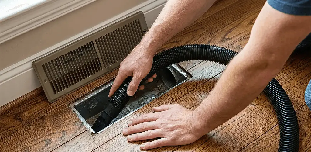 Air duct cleaning technician vacuuming a floor register and duct opening in Jacksonville, FL