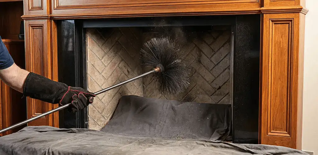 Chimney cleaning service brushing soot from a fireplace and flue in Jacksonville, FL