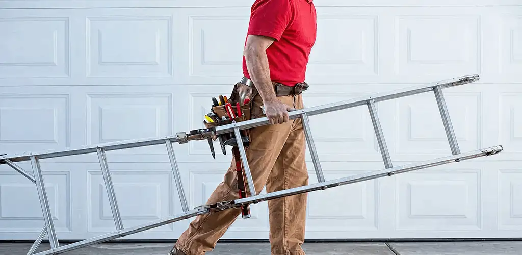 Garage door repair technician arriving with tools and ladder in Jacksonville, FL