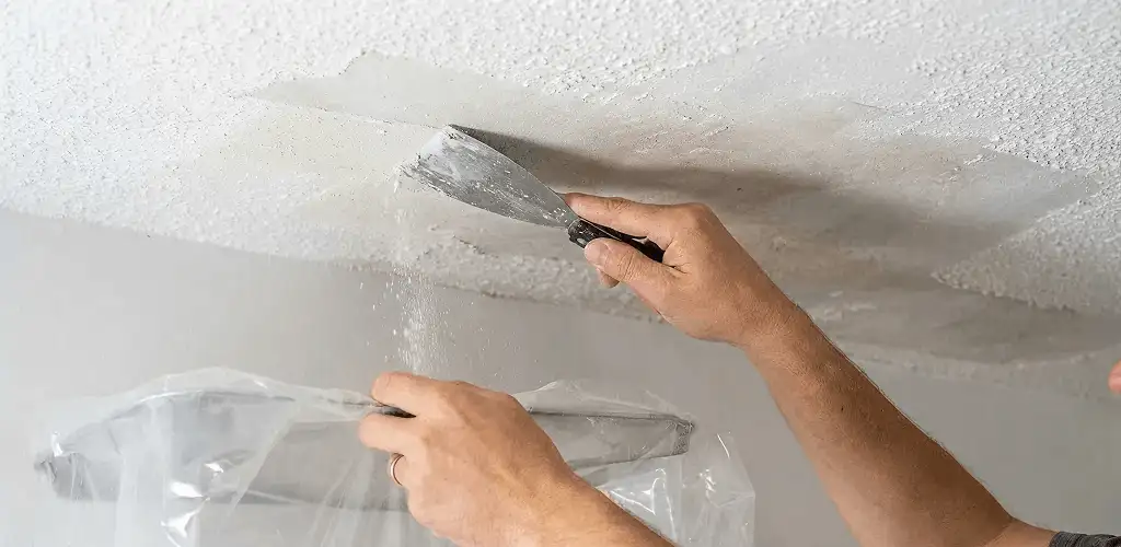 Popcorn ceiling removal technician scraping texture from a ceiling in Jacksonville, FL