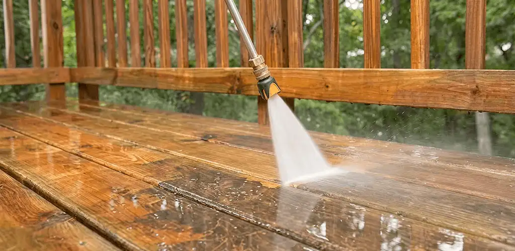 Pressure washing a wood deck to remove dirt and buildup in Jacksonville, FL