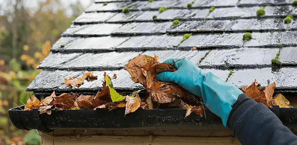 Gutter cleaning technician clearing wet leaves from roof gutters in Jacksonville, FL