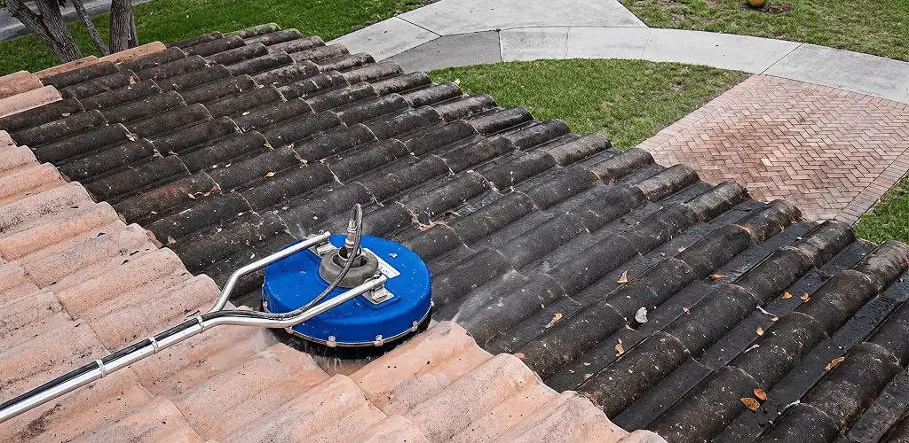 Roof pressure cleaning removing debris and buildup from roof tiles in Jacksonville, FL