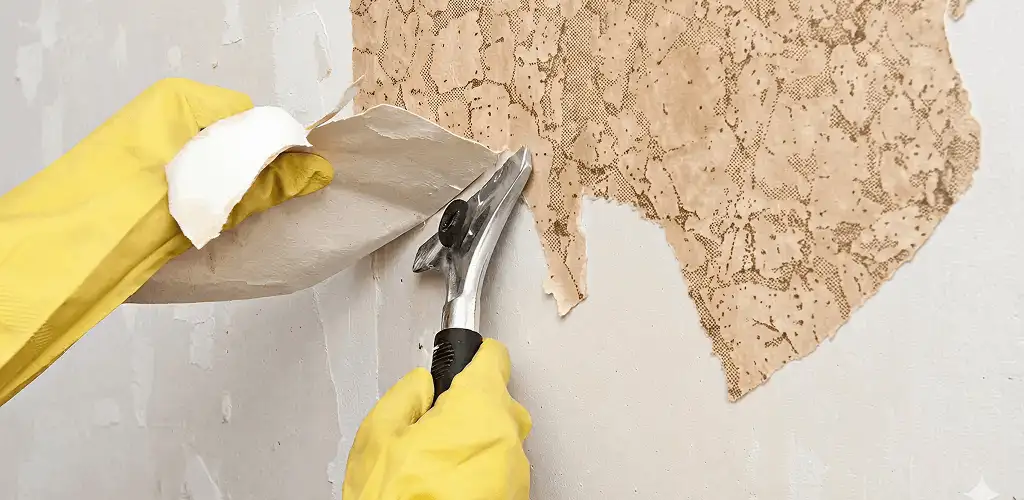 Wallpaper removal service stripping old wallpaper from a wall in Jacksonville, FL