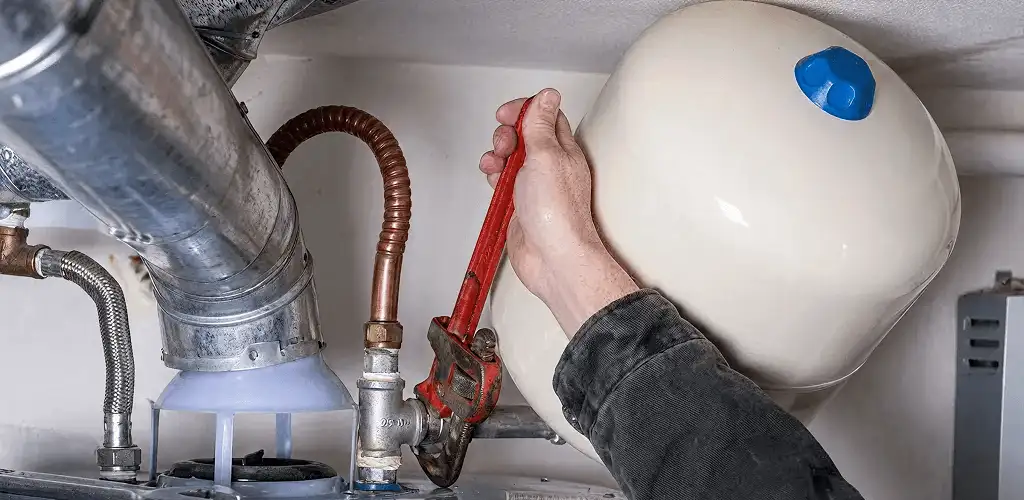Water heater repair technician tightening plumbing connections near a tank unit in Jacksonville, FL